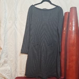 Chic Black Striped Long Sleeve Dress 90% Cotton 10% Cashmere